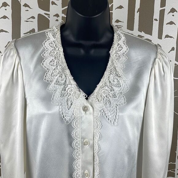 Gunne Sax 70s 80s Ivory Satin Lace Collar Puff Shoulder Blouse 5 - Picture 6 of 14